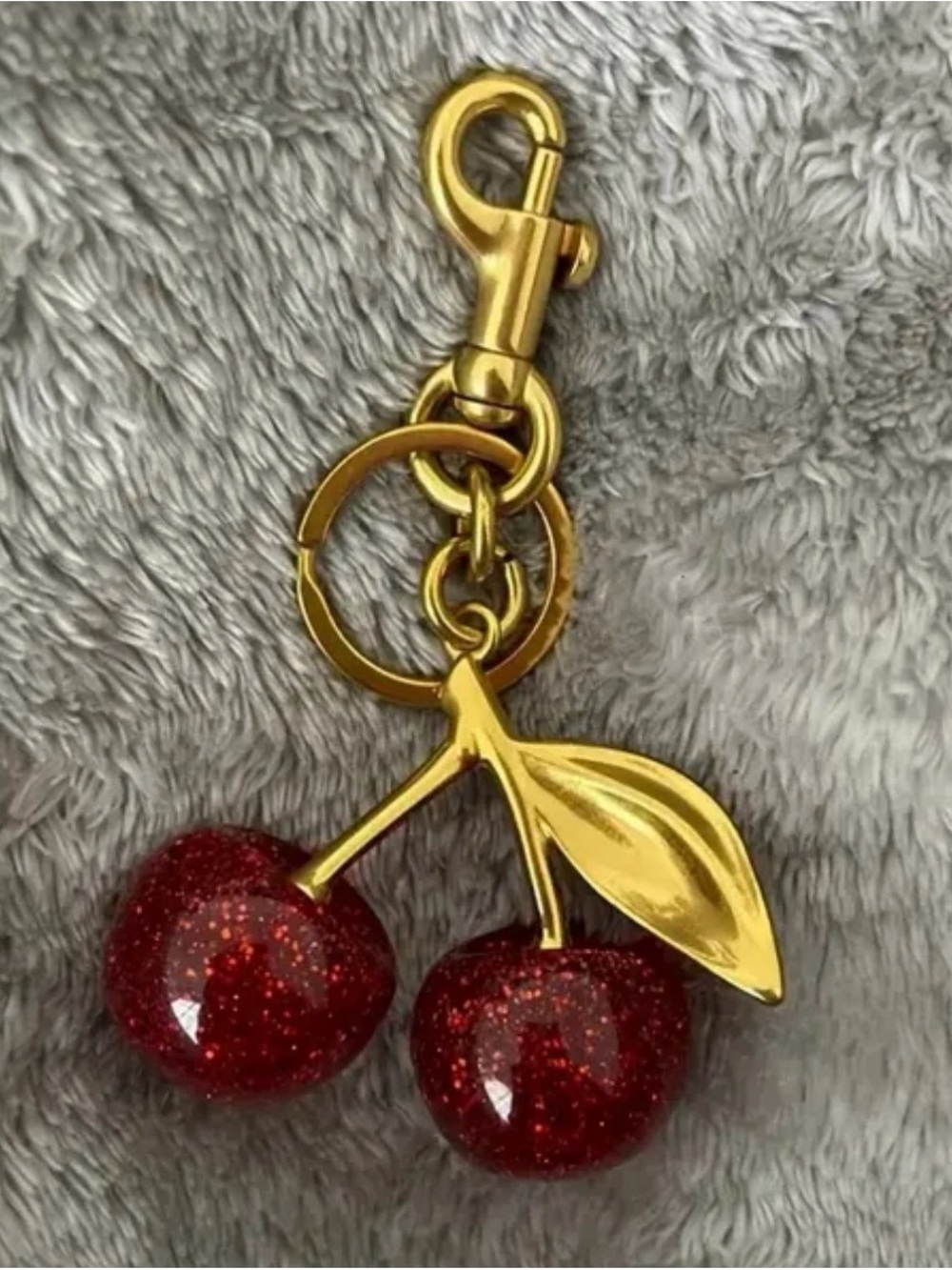 Glitter Cherry Gold-Tone Keychain Bag Charm – Double Cherry Pendant with Leaf